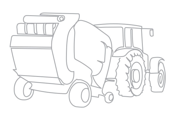 Grey line drawing of a tractor with a hay baler behind it - looking from the back of the baler.